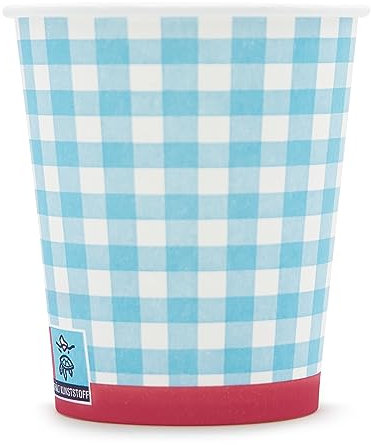 Wellsamed WELLSACUP 100 Stück Pappbecher 180 ml Blau Kariert, geeignet für Heiß- und Kaltgetränke, Coffee to go, Picknick, Grillen, Party