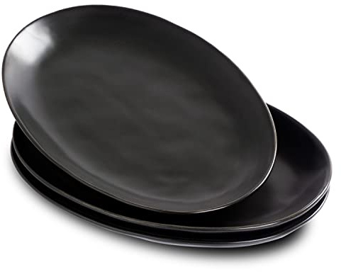 Ceramic Serving Platters, 12 Black Serving Tray, Serving Plates, Set of 3 | Magclay Large Oval Serving Plates for Dessert Appetizers Meat/Entertaining/Party, Matte Black