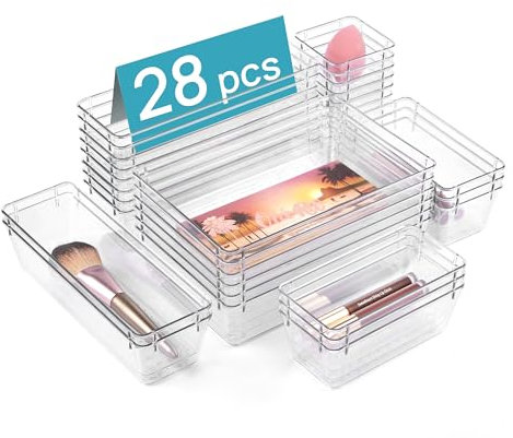 Vtopmart 28 Stücke Schubladen Organizer mit 4 Größen, Schminktisch Organizer, Organizer Schublade, Organizer Tabletts für Küchen, Schmuck, Schlafzimmer, Büro