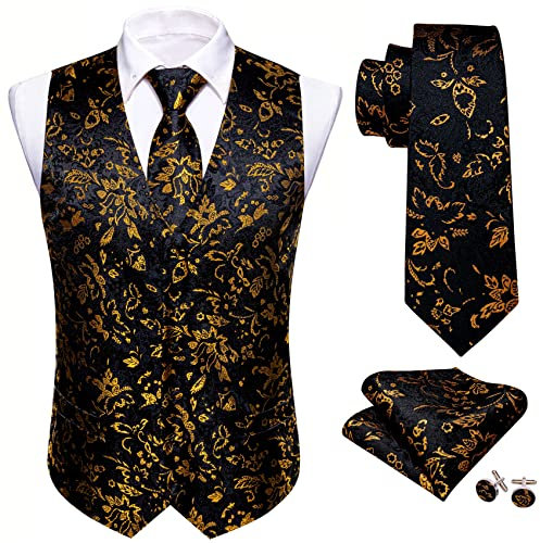 Barry.Wang Herren Paisleymuster Blume Jacquard Seide V-Ausschnitt Anzug Weste und Krawatte Einstecktuch Manschettenknöpfe für Hochzeit Smoking Abschlussball, schwarz / goldfarben, XL