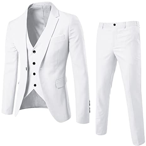 Abito da uomo in 3 pezzi, tinta unita, con un bottone, slim fit, smoking, giacca e pantaloni, bianco, S