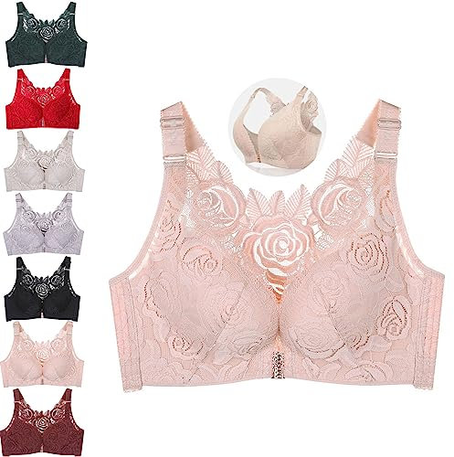 Floral Bra, Floral Comfort Rose Bra Front Closure Lace Comfy No Wire Bras, Comfortable Push up Bra (Pink,44/100E)