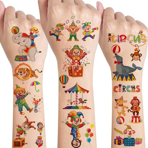 Zirkus Tattoo Kinde,10 Blätter Hautfreundlich Kinder Tattoo Clown Wasserfest Kindertattoos Sticker,Mitgebsel Kindergeburtstag Gastgeschenke Party Deko Jungen Mädchen Spielzeug