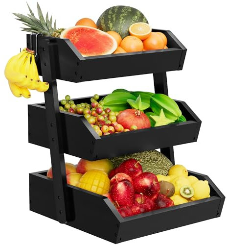 Bambus-Obstkorb mit 3 Etagen für Theke mit zwei Bananenhaken, Obst- und Gemüsekorb, große Kapazität, Obstschalen, Obst-Organizer für Küchentheke, Zwiebelaufbewahrung, Brot-Speisekammer (schwarz)