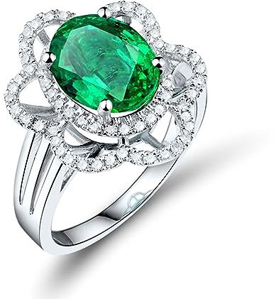 Engagement Ring Diamond, Eheringe 750 Gold 18 Karat Weißgold Smaragd 1,56 ct Ovaler und Blütenförmiger Smaragd mit 0,35 ct Diamant Gr.47 (15.0)