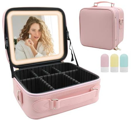 Trousse de Maquillage avec LED Miroir,Trousse de Maquillage Professionnelle,3 RéGlages de Couleur,Organisateur Cosmétique avec Séparateurs Amovibles, Coiffeuse Portable pour Femme (Rose)