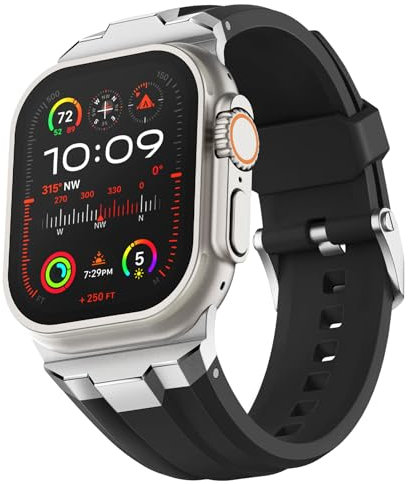 Suitisbest Armband Kompatibel mit Apple Watch Ultra 2 / Ultra 49mm, Series 10 46mm, Serie 9/8/7 45mm, Serie SE/6/5/4 44mm und Serie 3/2/1 42mm, Schwarz (Silbernes Metall)