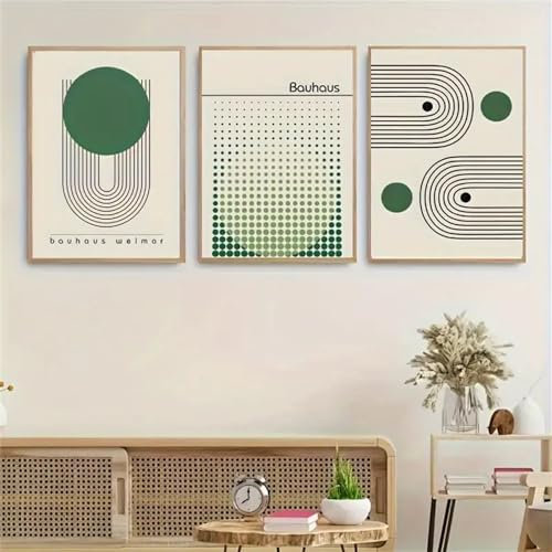 3Er-Set Leinwanddruck-Poster Bauhaus-Leinwand-Kunstgemälde Mit Grünen Farbblocklinien Kunstwerk Wohnzimmer Schlafzimmer Badezimmer Büro Flur Küche Wand Dekorationen-50*70Cm=20*27 Zoll (Ohne Rahmen)
