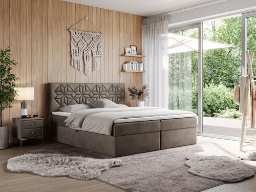 MKS MEBLE Boxspringbett 200x200 mit Matratze H4 und Bettkasten, Doppelbett Bett mit Stauraum und Topper, Polsterbett 200x200 mit Kopfteil - Leila - Braun Velvet - H4