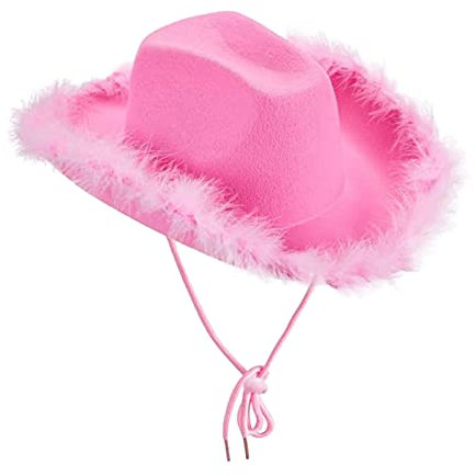 Cowboy Hut Damen Partybrille Accessoires CowgirlHut Cowboy Hut für Erwachsene Rodeo Reiter Wilder Westen Kostü Karneval MottopartyRosa Hut mit Feder, flauschiger Federrand (TA-PK1, One Size)