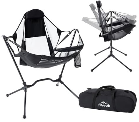 Pejevir Hammock Camping Chair with Adjustable Backrest, Aluminum Folding Hammock Chair with Pillow Heavy Duty Swing Chair Supports 300lbs Portable Rocking Chair for Traveling Lawn and Patio, Black