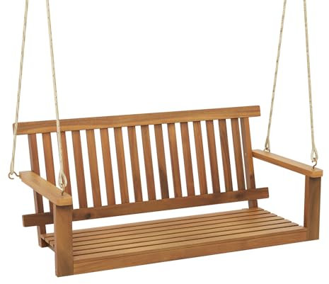COSTWAY Hängebank Akazienholz, Verandaschaukel belastbar bis 360kg für 2 Personen, Terrassenschaukel mit 2 Seilen zum Aufhängen, Schaukelbank für Hinterhof, Garten 130 x 63 x 57 cm