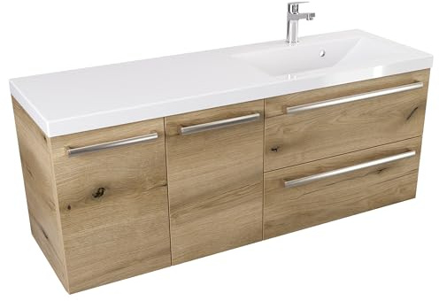 Furni Hängeschrank mit Waschbecken ATHD 120 cm DS Rechts - Eiche Evoke Coast Matt - Gebürstete Stahlgriffe