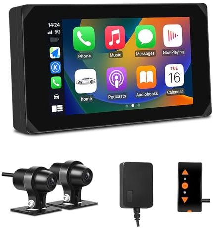 VSYSTO Motorrad Carplay Bildschirm, Kabelloses CarPlay und Android Auto, 5.0 Zoll Tragbare Wasserdichtem Touchscreen 1080P Motorrad-Kamera mit GPS Navigation, Bluetooth, Parkmonitor, Rückfahrkamera