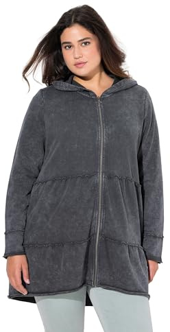 Ulla Popken Damen große Größen Übergrößen Plus Size Long-Hoodiejacke, Vintage-Look, A-Linie, Kapuze Graphitgrau 58+ 834612100-58+