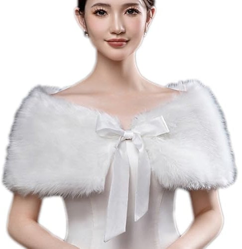 Brautstola Kunstfell Festlich Stola Damen Elegant Abendstola mit Schleife Brautschal Winter Warm Brautjacke Hochzeit Brautkleid Party Abendkleid Winter Herbst Stola für Frauen Mädchen Weiß