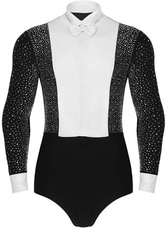 Xnihocha Herren Glitzernde Strasss Tanzbody Latein Rumba Gesellschaftstanz Trikot Farbblock Gymnastik Leotard Tops mit Fliege Schwarz M