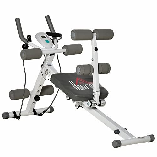 HOMCOM 2-in-1 Bauchtrainer, Bauchmuskeltrainer mit verstellbare Bauchmuskelbank, höhenverstellbarer Trainer mit LCD-Anzeige, für Muskelaufbau, Fitness, belastbar bis100 kg, Stahl, Weiß+Grau
