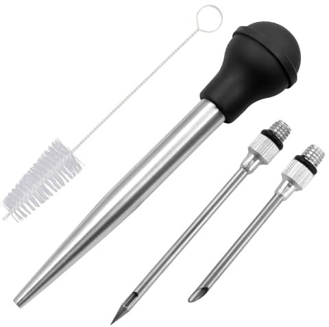 Turkey Baster Set of 4,Stainless Steel Marinade Injector Food Syringe Meat Syringe Commerical Grade Rubber Bulb Turkey Meat Injector and Cleaning Brush with 2 Needle for Thanksgiving Kitchen Cooking