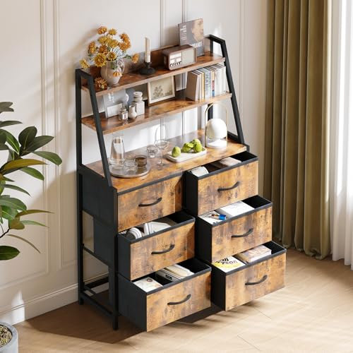 Coleshome Kommode für Schlafzimmer mit 6 Stoffschubladen, Kommode mit Schubladen mit 3-stufiger Arbeitsplatte, geeignet für Schlafzimmer und Wohnzimmer, 80 * 28.5 * 122cm, Retro-Farbe