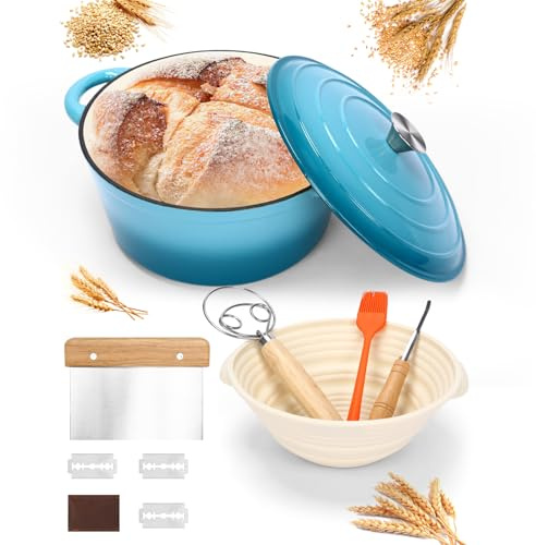 Horno de pan de hierro fundido esmaltado de 6 cuartos de galón con tapa, horno holandés para hornear pan, incluye suministros para hornear pan de masa madre como cesta a prueba de pan, batidor de masa