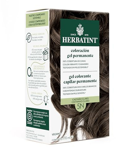 Herbatint Coloración para Cabello en Gel 5N Castaño Claro - 170 ml | Sin Amoníaco, 100% Cobertura de Canas | con 8 Extractos Orgánicos, Ideal para Pieles Sensibles