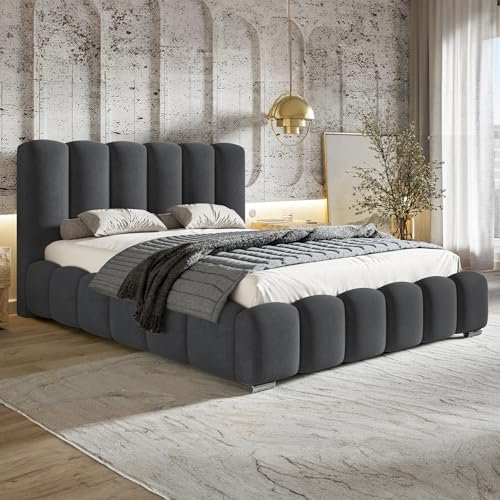 MOTIVENA Grand Bubble Bett 180x200, Polsterbett 180x200 Samt, mit Bettkasten, mit Stauraum, mit Lattenrost, mit Kopfteil, ohne Matratze, Grau Anthrazit
