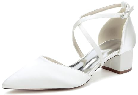 Femme Escarpins Chaussures De Mariage Talon Carré Bas en Satin Brides Cheville Bout Fermé Chaussures De Soirée De Mariage