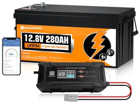 ECO-WORTHY Batterie Lithium 12V 280AH Bluetooth avec Batterie Chargeur 12/24V 20A 12V, Batterie LiFePO4 avec Protection BMS et Basse température, Max. 15 000 Cycles pour Camping-Car, Caravane, Bateau