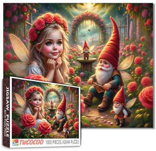 Tucocoo Elfenmädchen 1000 Teile Puzzle für Erwachsene, Feengarten mit Zwergen und Rosen, skurrile Fantasy-Szenen-Puzzles für Entspannung und Heimdekoration, herausforderndes Puzzle-Geschenk für Frauen