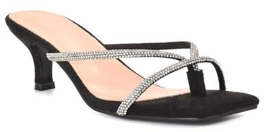 ESSEX GLAM Women's Diamante Sandals Ladies Kitten Low Heel Strappy Toe Post Flip Flop Mule Rhinestore Shoes Size 3-8