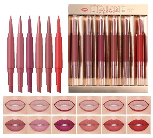 Lipliner- und Lippenstift-Set für Damen 6-teilig 2 in 1 Lippenstift Set mit | Verwischfester Beauty Makeup Glanz Für Dating Reise Unterwegs