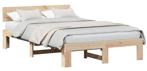 vidaXL Bettgestell mit Kopfteil 135X190 cm Massivholz Kiefer Naturfarbe Minimalistisches Design Innenlagerlösung für Schlafzimmer Holz Einzelbett Stabil Bequem