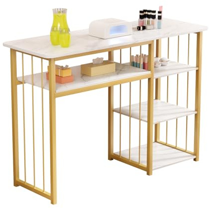 Nageltisch, Schminktisch Ohne Spiegel, Manikürtisch, Schreibtisch mit Regal, Marmor-Weiß Gold, Maniküre Tisch, Nageltechniker Schreibtisch für Nagelstudio und Schönheitssalon, 40 x 100 x 76cm
