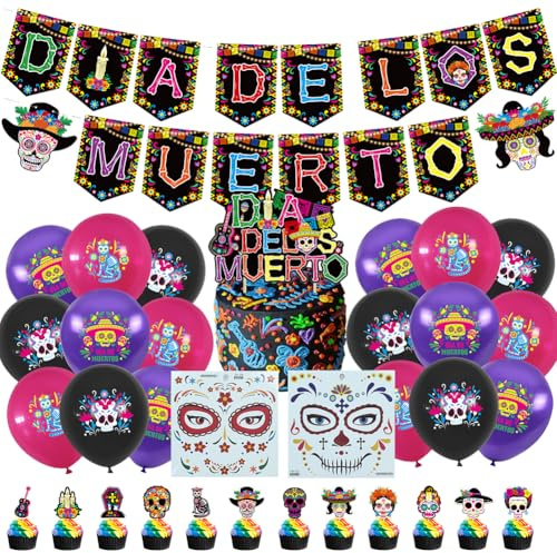 Tag Der Toten Luftballons Dekoration, Day of The Dead Zuckerschädel Latexballons für Mexikanische Party Deko, Halloween Gesicht Tattoos, Halloween Schminke Fasching Maskerade Cosplay Party