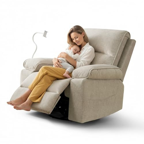 YuuYee Nursery Glider Recliner Chair, 360° Swivel Rocker Recliner for Nursery Living Room, Oversized Manual Reclining Chair with Phone Holder, Velvet Nursing Chair, Rocking Chair, Beige