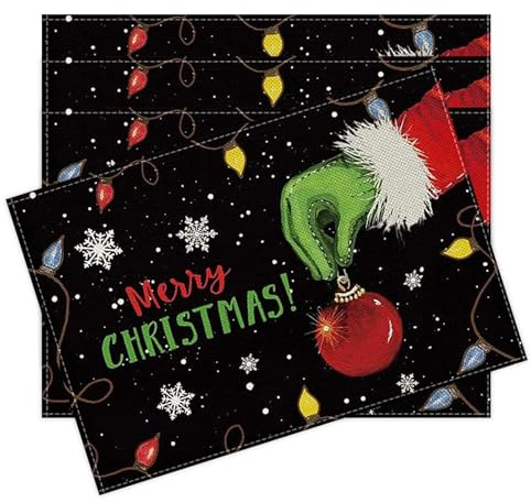 4er Set Platzset Weihnachten 30x45cm Schwarz Leinen Weihnachts Platzdeckchen Abwaschbar Weihnachtssets Tisch Stoff Weihnachtstischsets Christmas Placemats für Partys, Küchen und Restaurants
