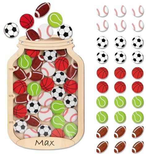 Football Reward Jar Boys, Football Reward Chart, Wooden Reward Jars for Children, with 30 Balls Marker, Behavior Incentive System for Daily Routine Home School Classroom Use, Kids Teachers Parents
