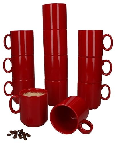 MamboCat Event 12er Set Kaffeebecher I 250 ml rote Porzellan-Becher mit Henkel 12 Personen I stapelbare Tassen für Heißgetränke wie Tee, Kakao, Latte Macchiato & Co I schickes Kaffee-Geschirr