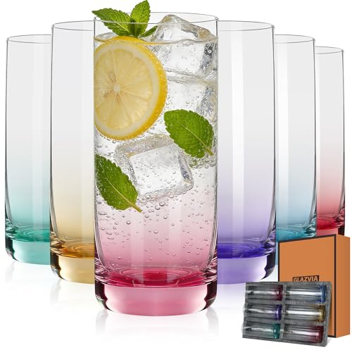 GLAZVIA Longdrinkgläser 6er Set, Bunte Gläser ohne Stiel für Mixgetränke