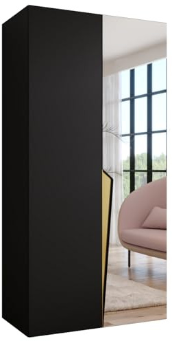 MEBLE KRYSPOL - Kleiderschrank - Garderobenschrank - 100 cm x 202 x 52 cm - Schrank mit Kleiderstange und Spiegel, 2 Türen - für Schlafzimmer, Flur - Piano, Schwarz, Griff Gold
