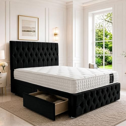 SANA SLEEP Sleek Double Bed 4FT6 with Headboard & Footboard - Black Plush Finish - Includes Pocket Sprung Multi-Zone Mattress & 2 Drawers - Sturdy Divan Design for Compact Bedrooms