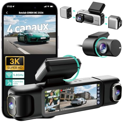 BOTSLAB 4 Kanal Dashcam Auto Vorne Hinten Innen,3K+3*1080P Autokamera, WDR | 360°Dash Cam, 5,8GHz WiFi GPS, Super Nachtsicht, G-Sensor, Loop-Aufnahme, 24/7 Parkmodus, 3,18Display（G980H 4CH ohne Karte）