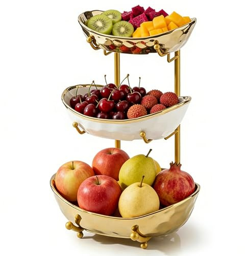 Chingcoo Etagere 3 Etagen - Keramik Obstschale mit stabilem Metallgestell - Platzsparender Servierständer für Küche und Esstisch - geeignet für Obst, Gemüse, Snacks und Dessert - Gold