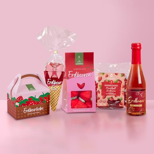 5er Erdbeer Sommer Geschenkset | Fruchtgummis in Erdbeerkörbchen | Erdbeerset mit Fruchtgummis, Marshmallows und Secco | Süßes Sommer Picknick Set | Mitbringsel für Sommer Partys