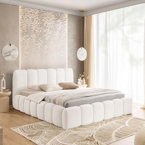 Home Collective Polsterbett Doppelbett Bubble Bett mit Stauraum viele Größen | Bettgestell mit Lattenrost weicher Bouclé Bezug mit Steppung niedriges Kopfteil | Schlafzimmer Möbel | Creme 120x200 cm