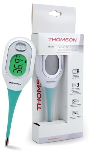 THOMSON Thermo D3 digital termometer - feber baby vuxen - snabb mätning <10s, hög precision - 3 färger bakgrundsbelyst LCD-skärm - minne - rektal armhålan oral användning - IP27 vattentät