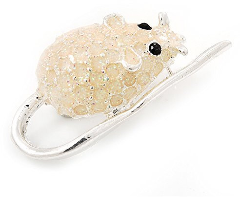 Petite broche Souris blanc lait sequins en métal plaqué rhodium