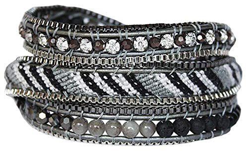 NAKAMOL Wickelarmband Grau mit Strass und Flechtband