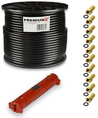 Premium X 100m PROFI Koaxialkabel Schwarz CU 135dB 4-fach SAT Koaxkabel Antennen-Kabel 10x F-Stecker Abisolierer 0,49 EUR/m
